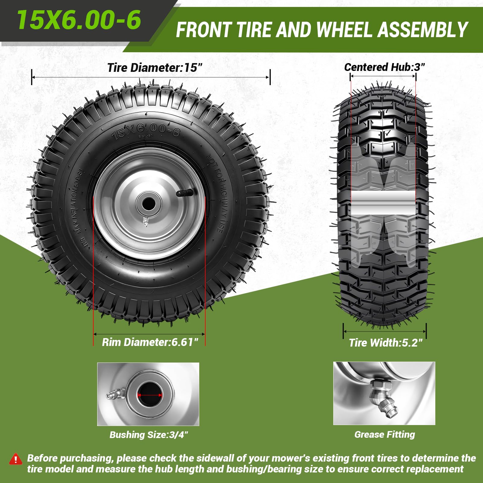 RRQ tire tread closeup showing turf-friendly pattern and improved traction