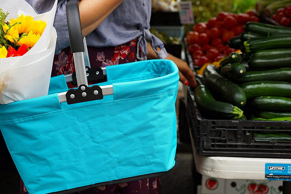 RSVP basket open filled with groceries demonstrating roomy capacity for shopping