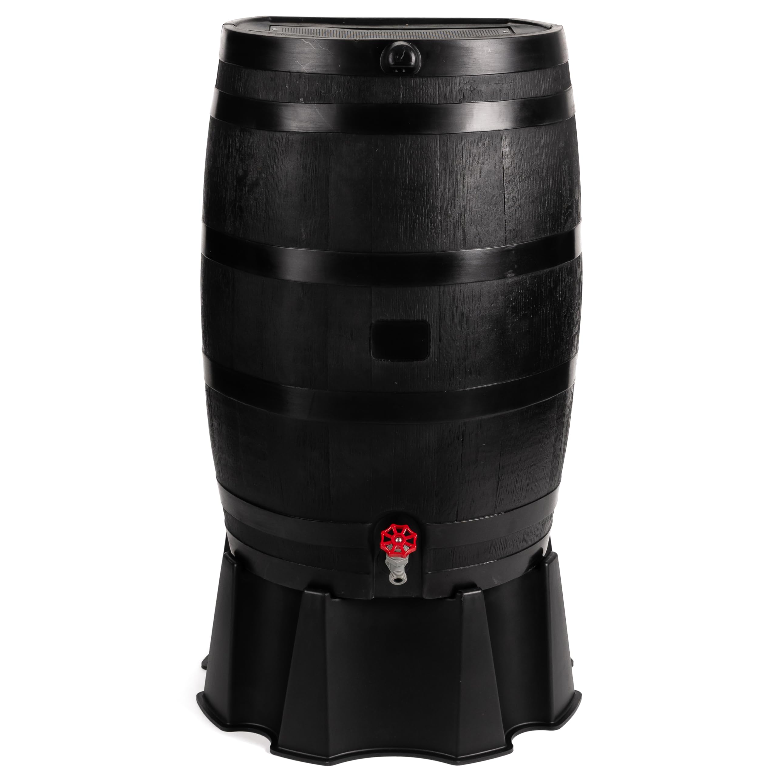 RTS Home Accents rain barrel front view showing compact flat-back design and capacity benefit