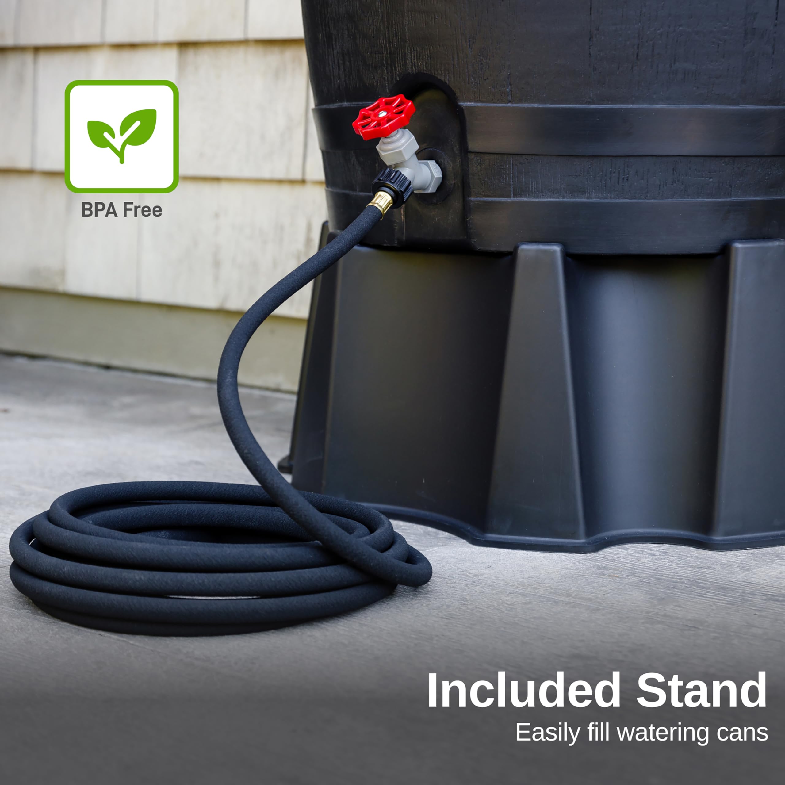 RTS Home Accents barrel next to a person and watering can showing 50-gallon scale