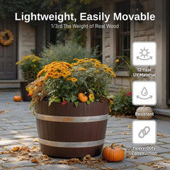 RTS Home Accents planted barrel on patio illustrating ample space for flowers and herbs