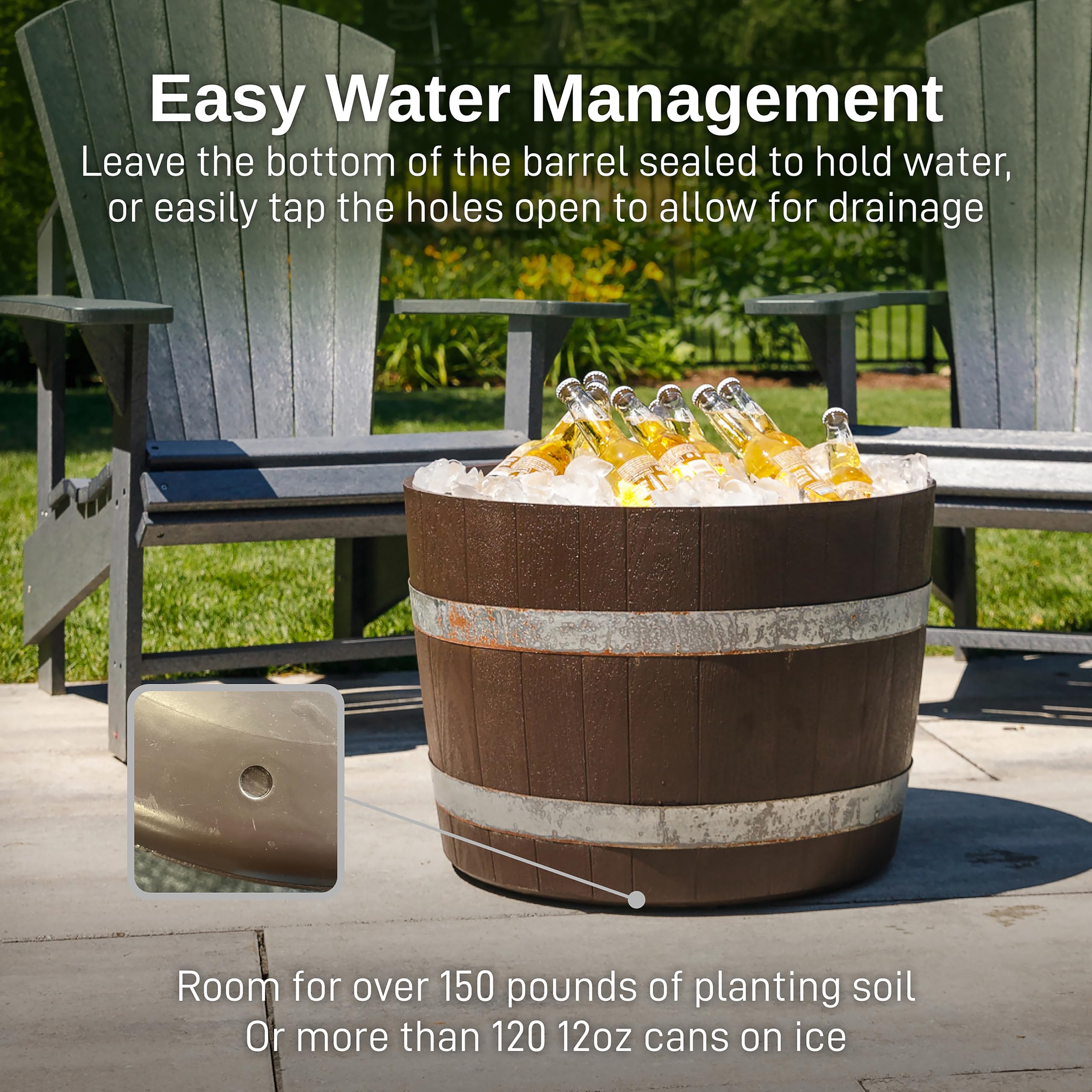 RTS Home Accents barrel filled with ice and drinks showing dual-use entertaining functionality