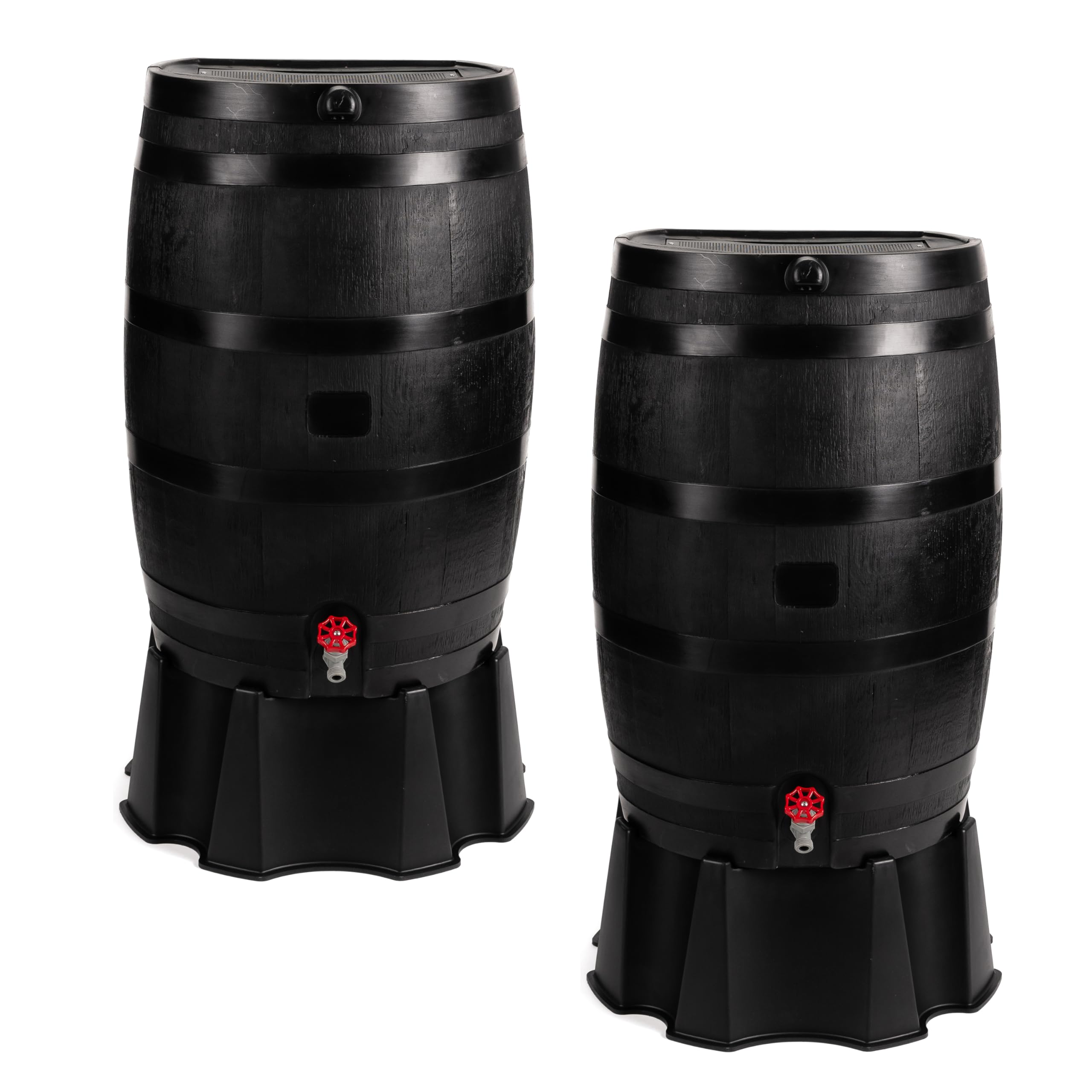 RTS Home Accents front view of two black recycled rain barrels showing capacity benefit