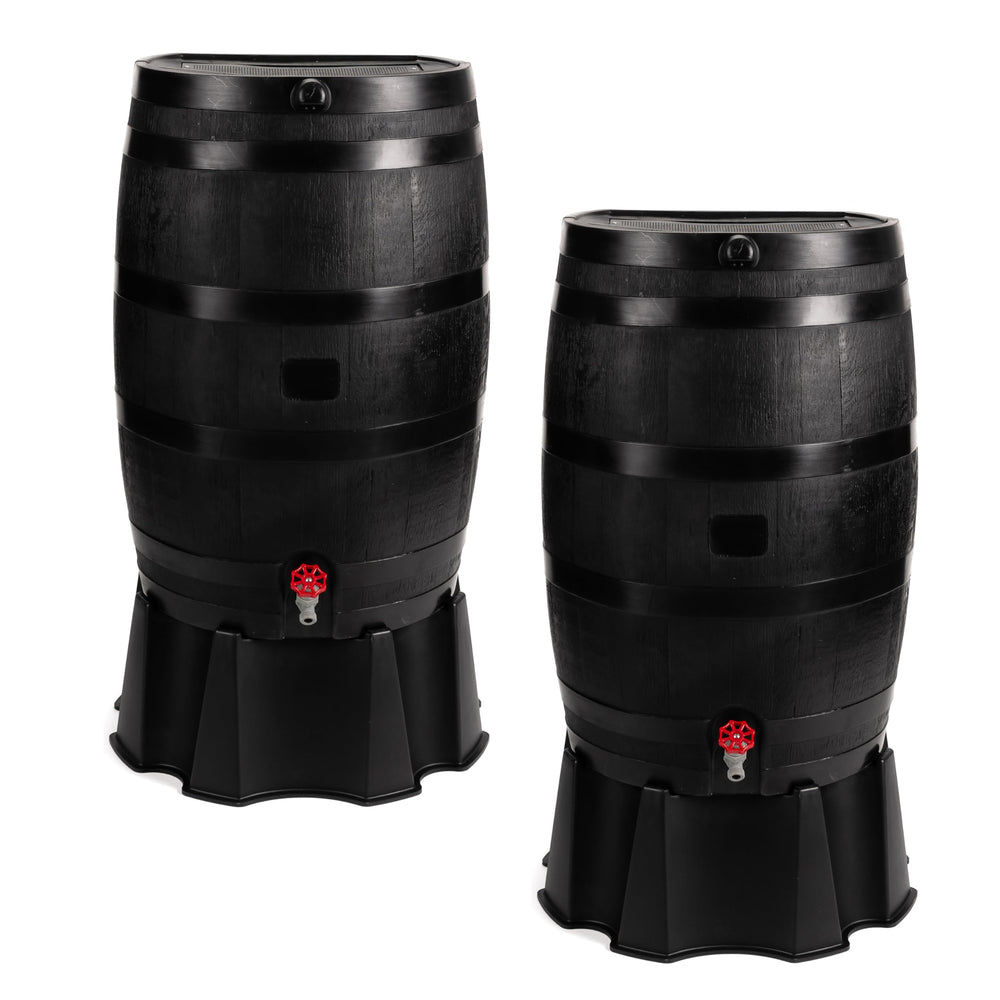 RTS Home Accents front view of two black recycled rain barrels showing capacity benefit