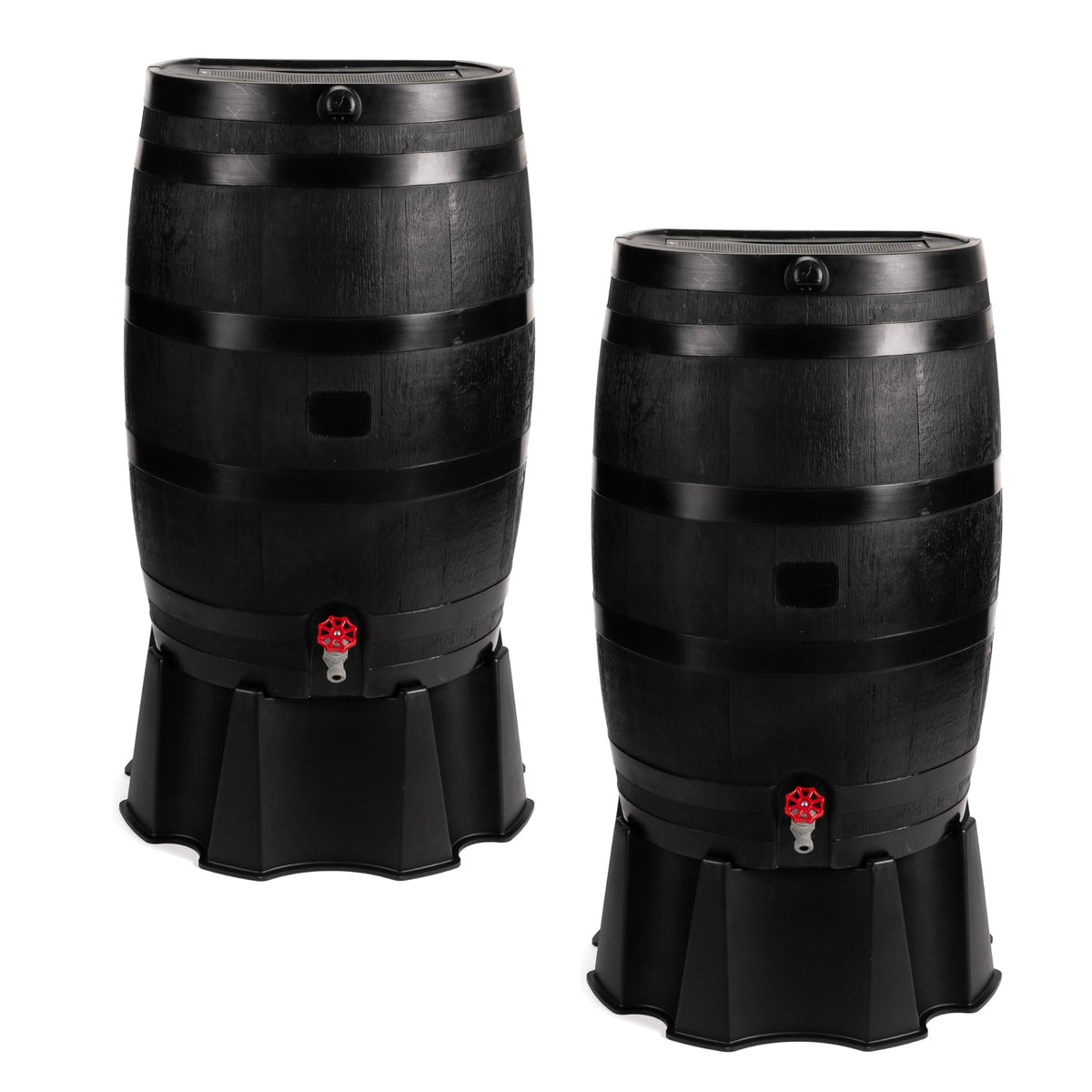 RTS Home Accents front view of two black recycled rain barrels showing capacity benefit
