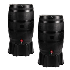 RTS Home Accents front view of two black recycled rain barrels showing capacity benefit