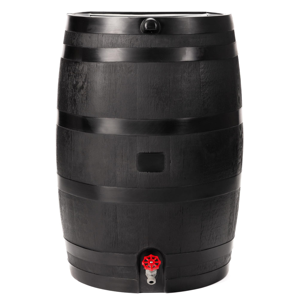 RTS Home Accents front view of 50-gallon rain barrel showing shape and finish, durable storage