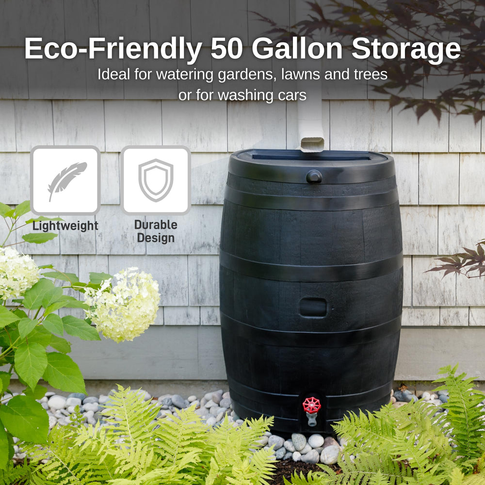 RTS Home Accents rain barrel in garden setting demonstrating water reuse for plants