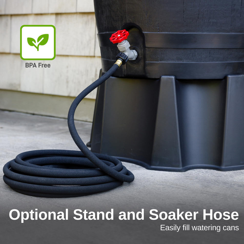 RTS Home Accents rain barrel placed under a downspout collecting roof runoff efficiently