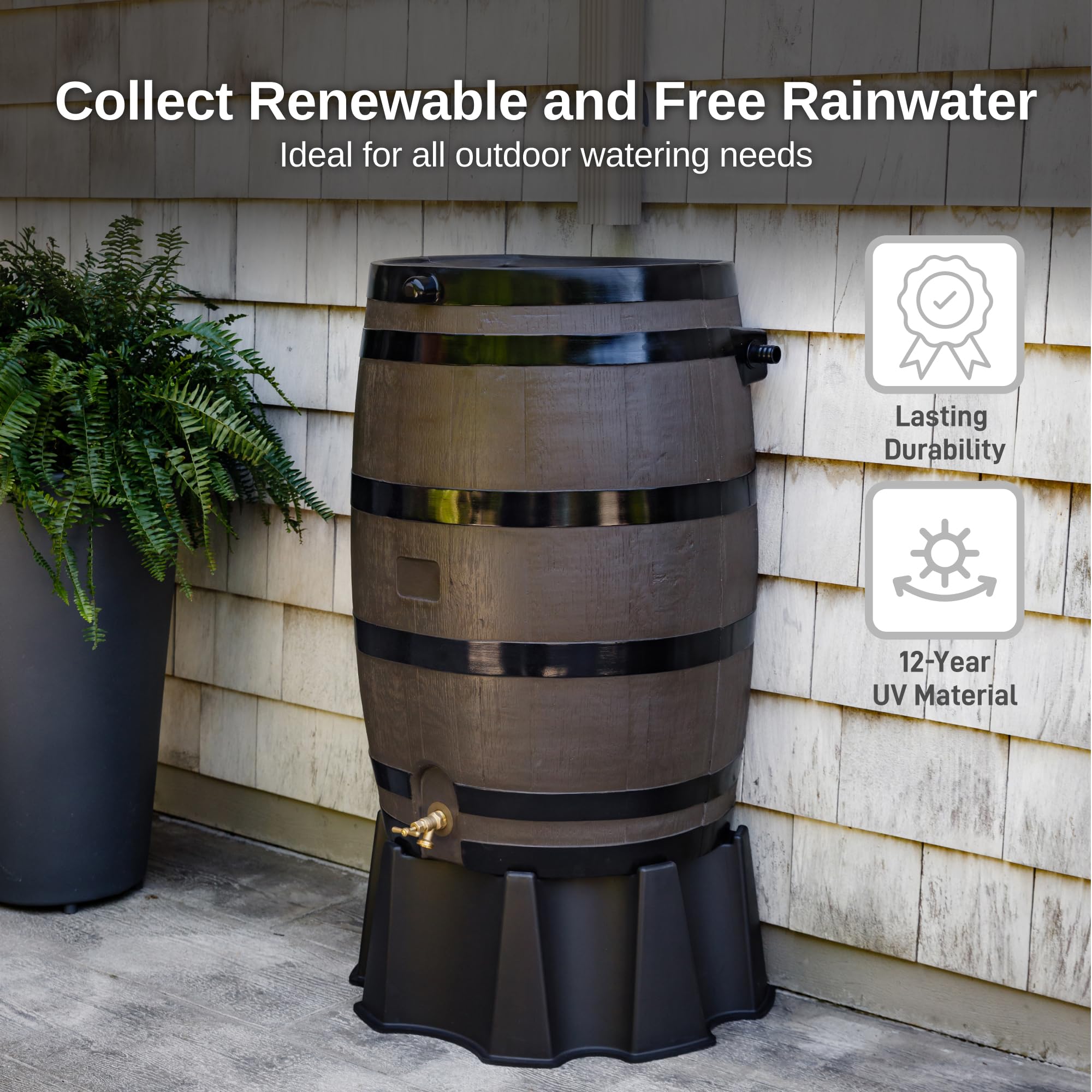 RTS Home Accents barrel in garden setting for sustainable watering