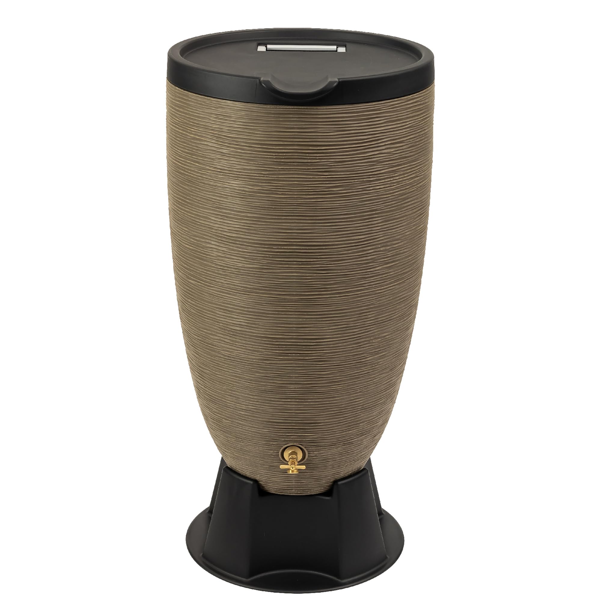 RTS Home Accents front view of sandstone rain barrel showing shape and finish, adds curb appeal