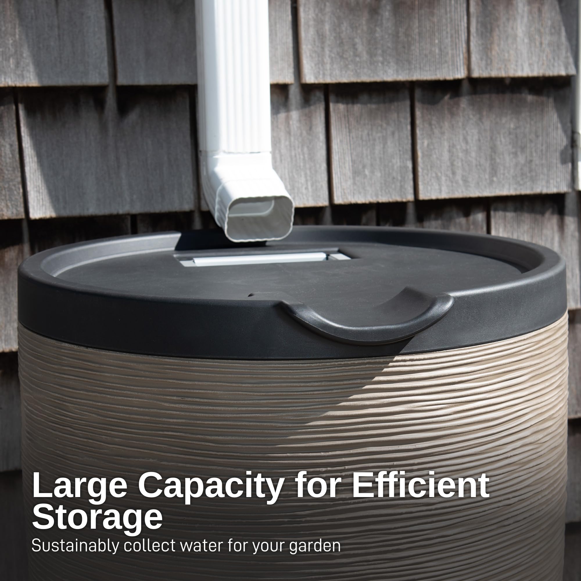RTS Home Accents rain barrel placed in garden near downspout, conserves water for plants