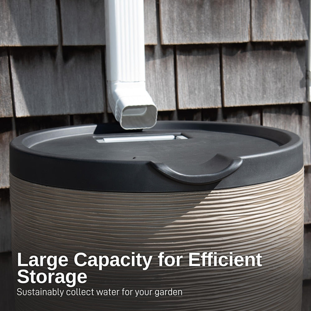 RTS Home Accents rain barrel placed in garden near downspout, conserves water for plants