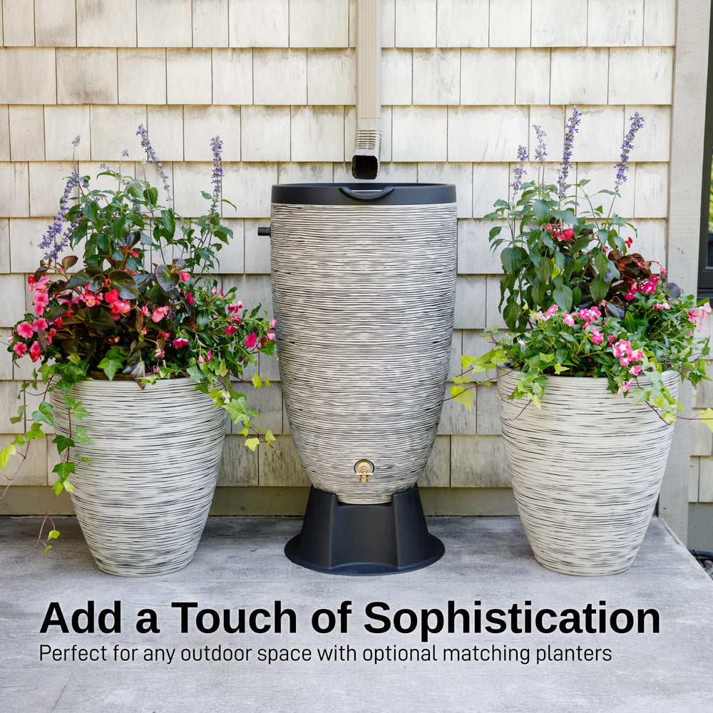 RTS Home Accents beside watering can to show 50-gallon scale and practical storage benefit