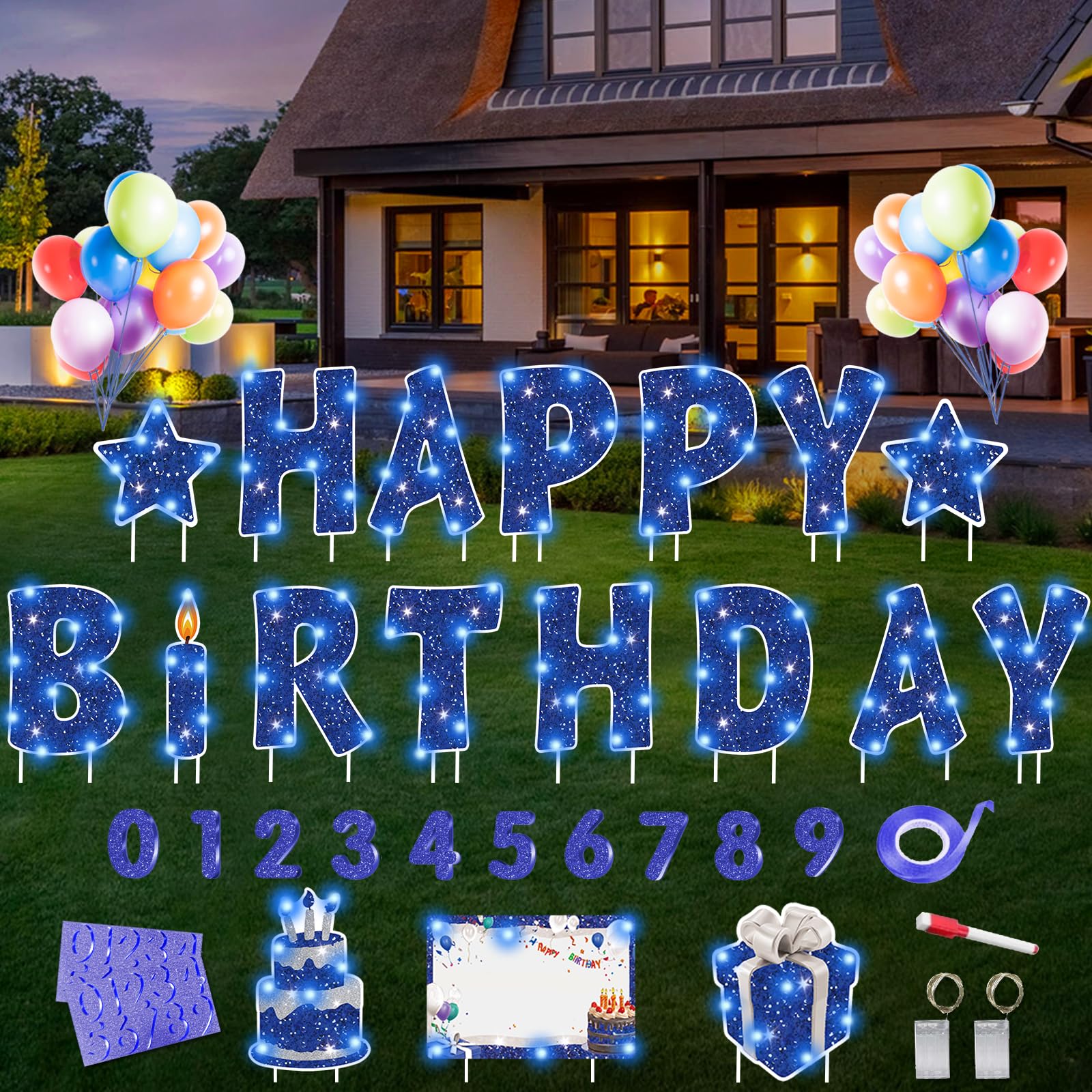 Rtshuok front packaging showing complete birthday yard kit and contents