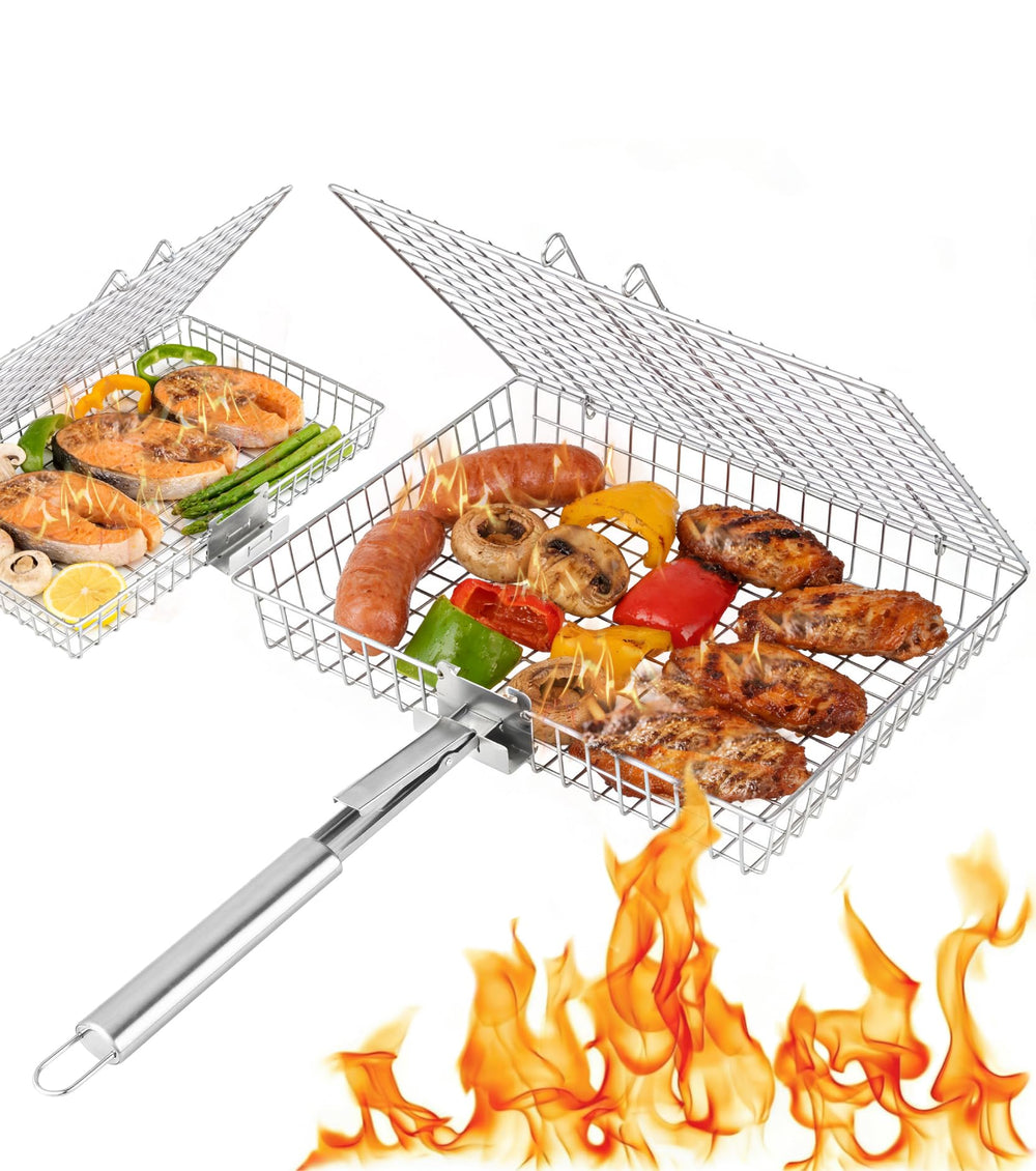 RTT front view of two-piece grill basket set showing large capacity and nested design benefit