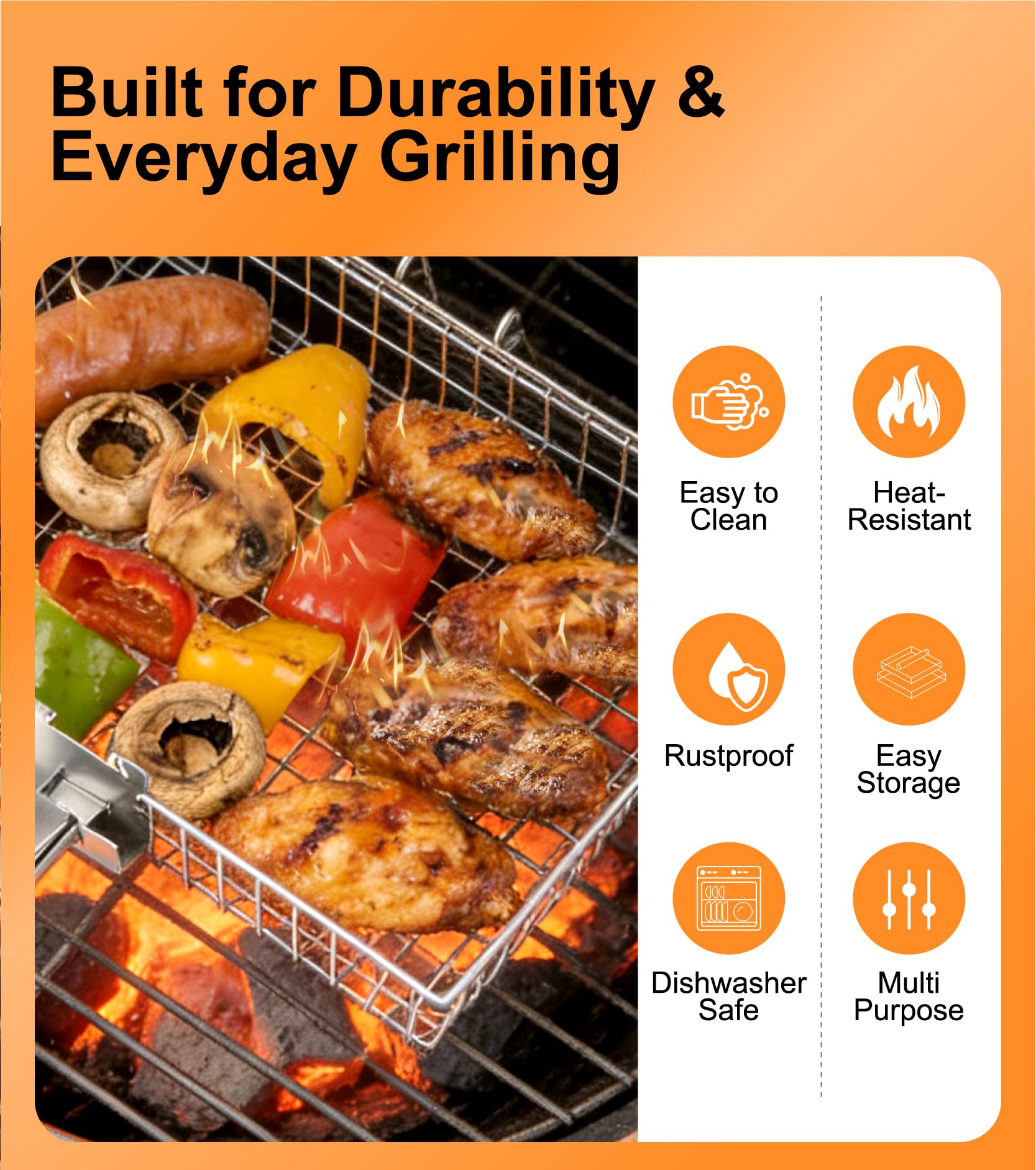 RTT grill basket on charcoal grill with vegetables demonstrating even searing and easy flipping benefit