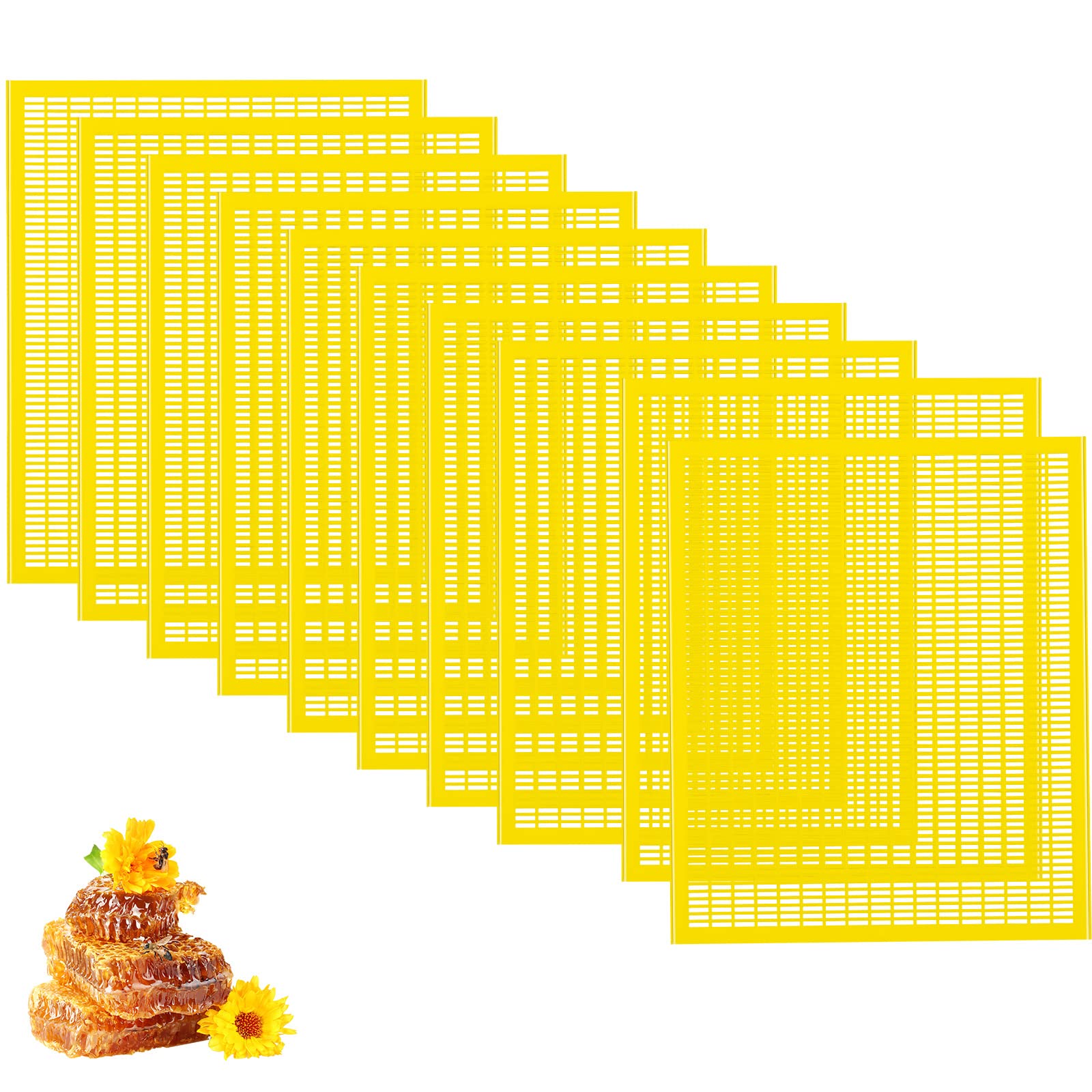 Rtteri front view of ten yellow 10-frame queen excluders showing full pack and color for easy identification