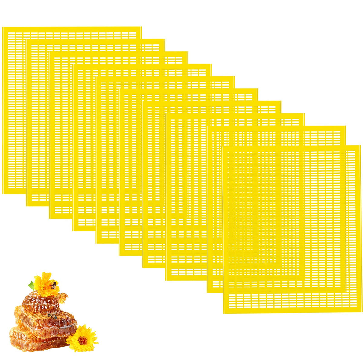 Rtteri front view of ten yellow 10-frame queen excluders showing full pack and color for easy identification