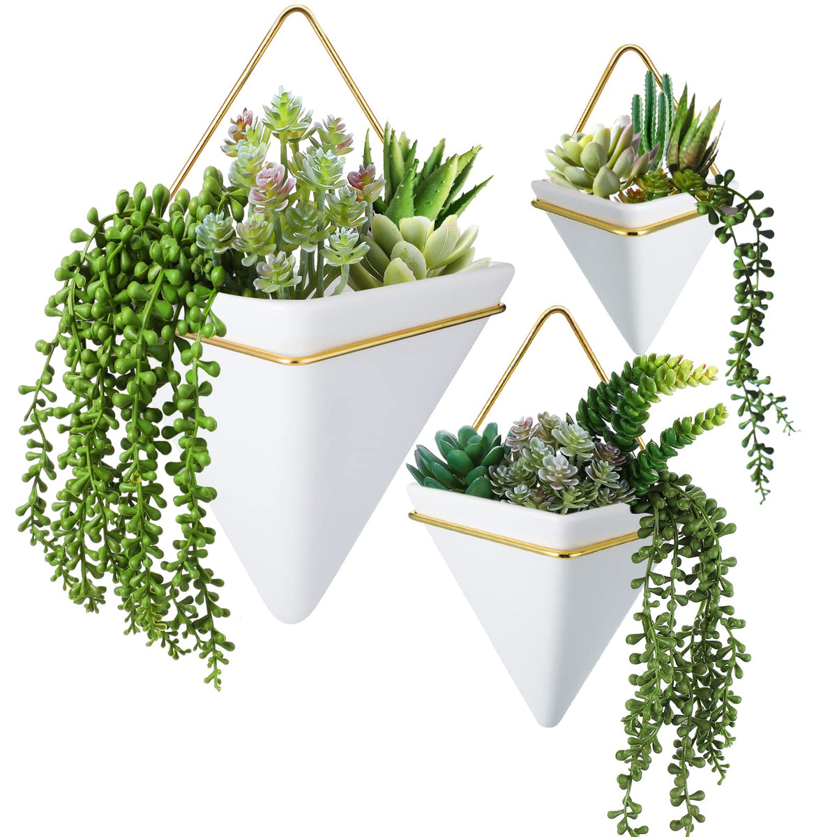 Rtteri front view of three white geometric planters showing modern styling and easy install