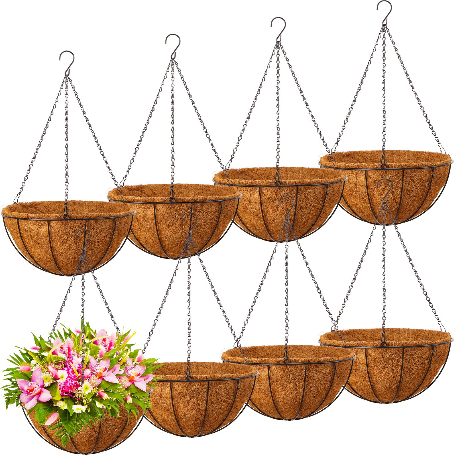 Rtteri front view of eight hanging baskets showing ready-to-hang styling benefit