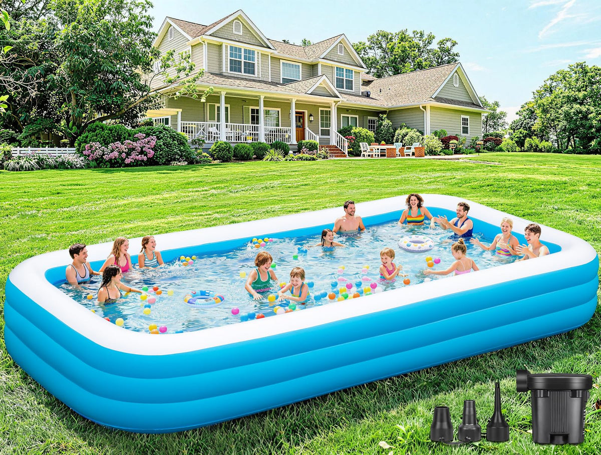 RUANSZZ front view of oversized pool showing spacious capacity and fun