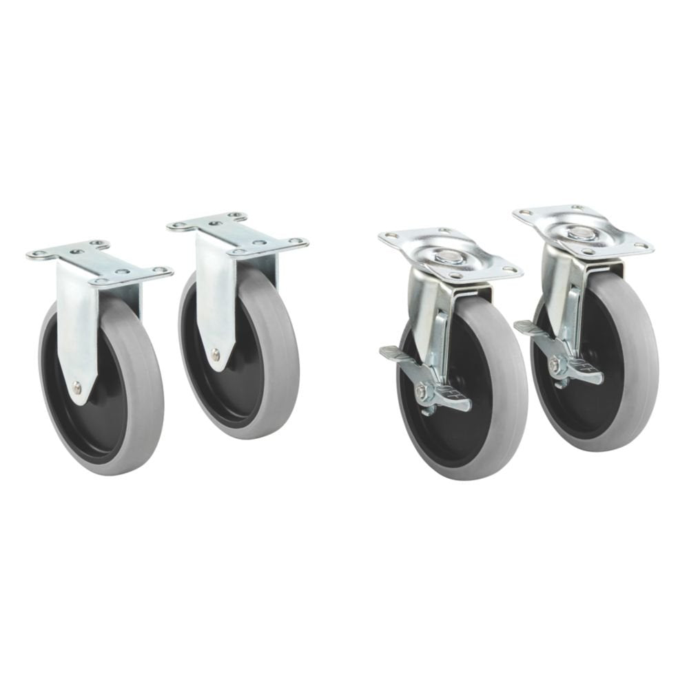 Rubbermaid Commercial front view of four replacement casters showing kit and benefits
