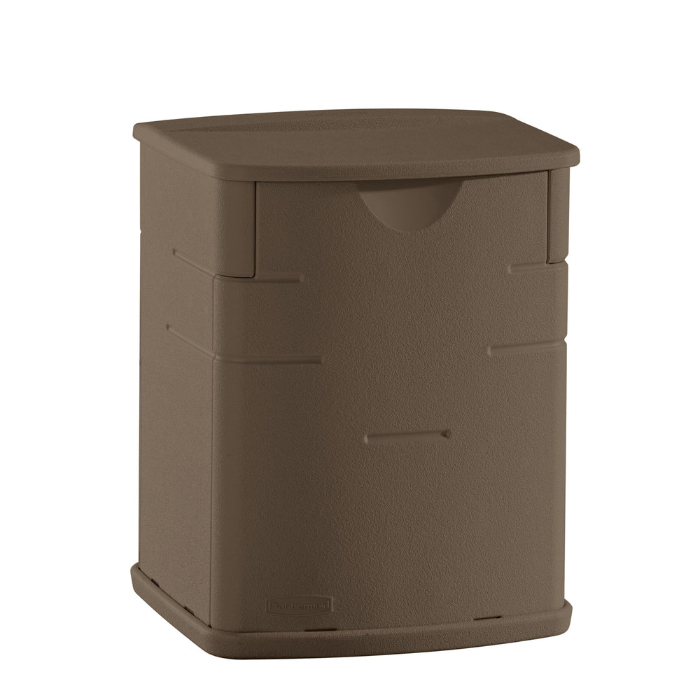 Rubbermaid deck box front view showing compact storage and discreet brown finish