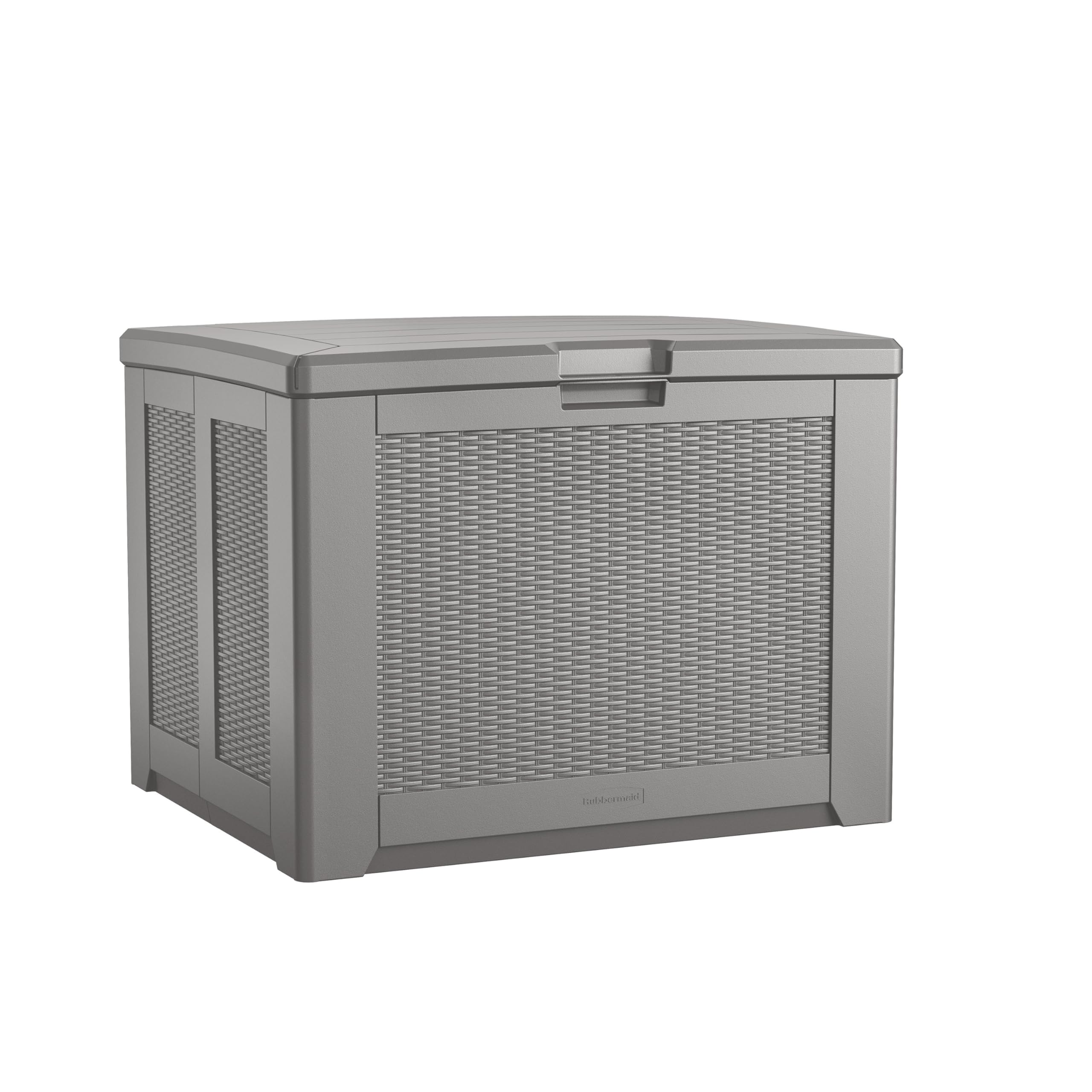 Rubbermaid deck box front view showing neutral gray finish and basket-weave design for stylish storage