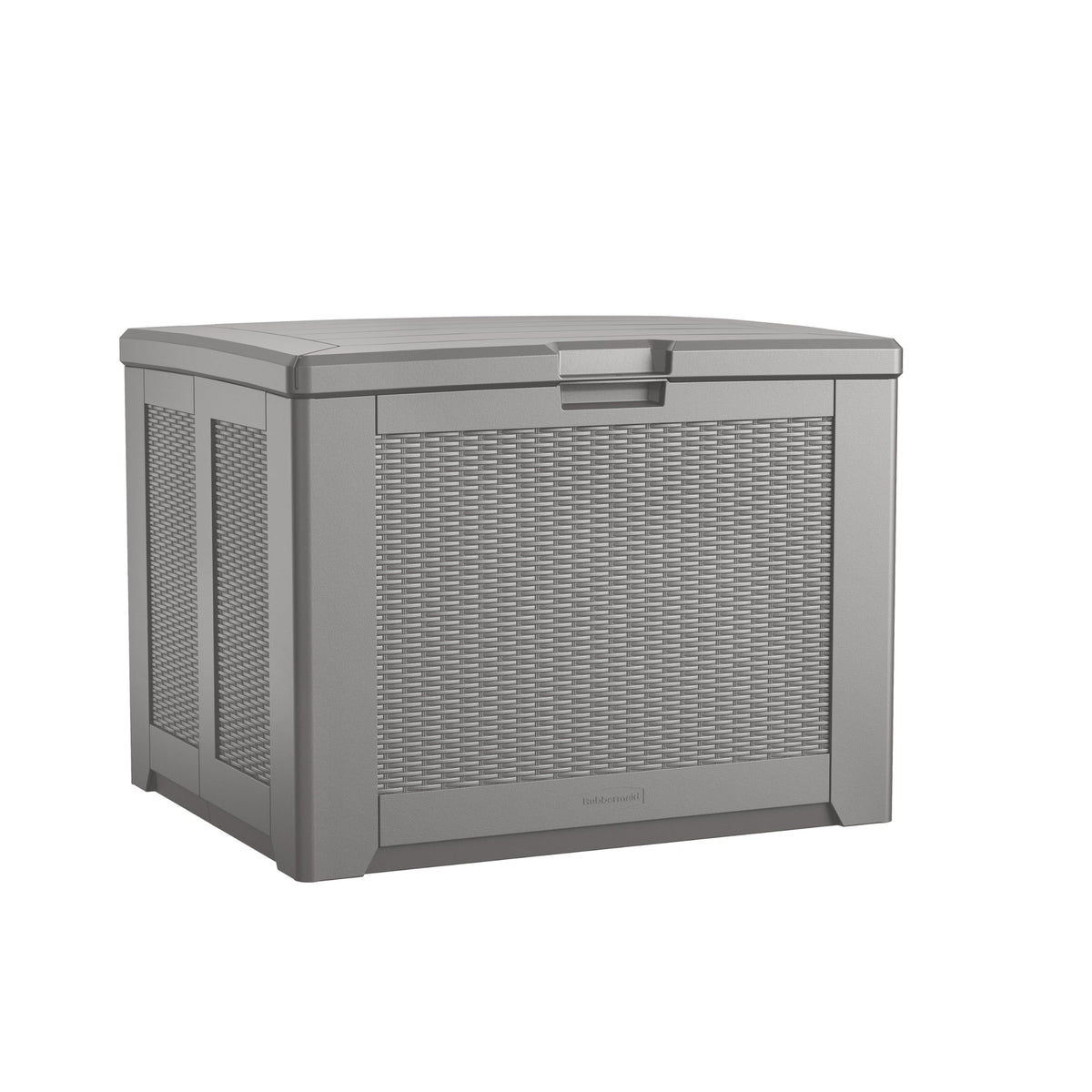 Rubbermaid deck box front view showing neutral gray finish and basket-weave design for stylish storage