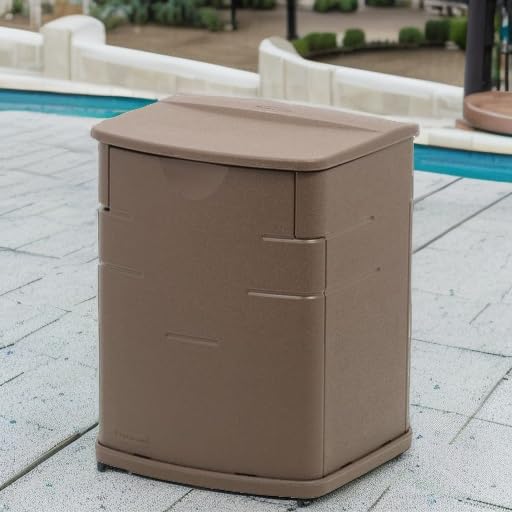 Rubbermaid deck box in patio setting doubling as end table for outdoor entertaining