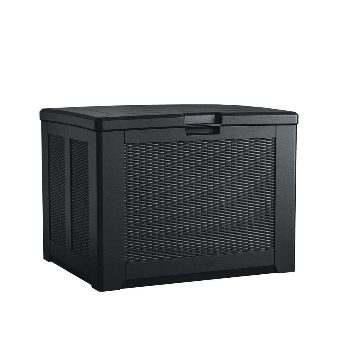 Rubbermaid front view of deck box showing charcoal finish and storage capacity benefit