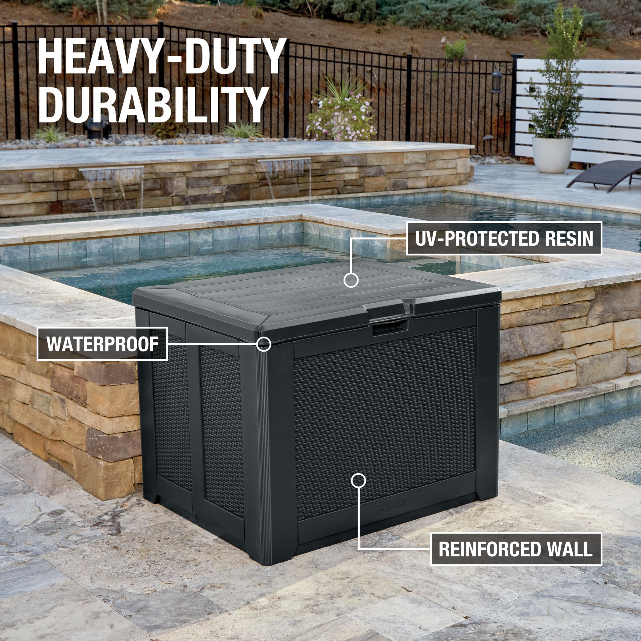 Rubbermaid open lid revealing organized interior and protected storage benefit
