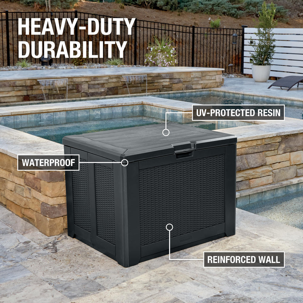 Rubbermaid open lid revealing organized interior and protected storage benefit