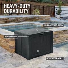 Rubbermaid open lid revealing organized interior and protected storage benefit