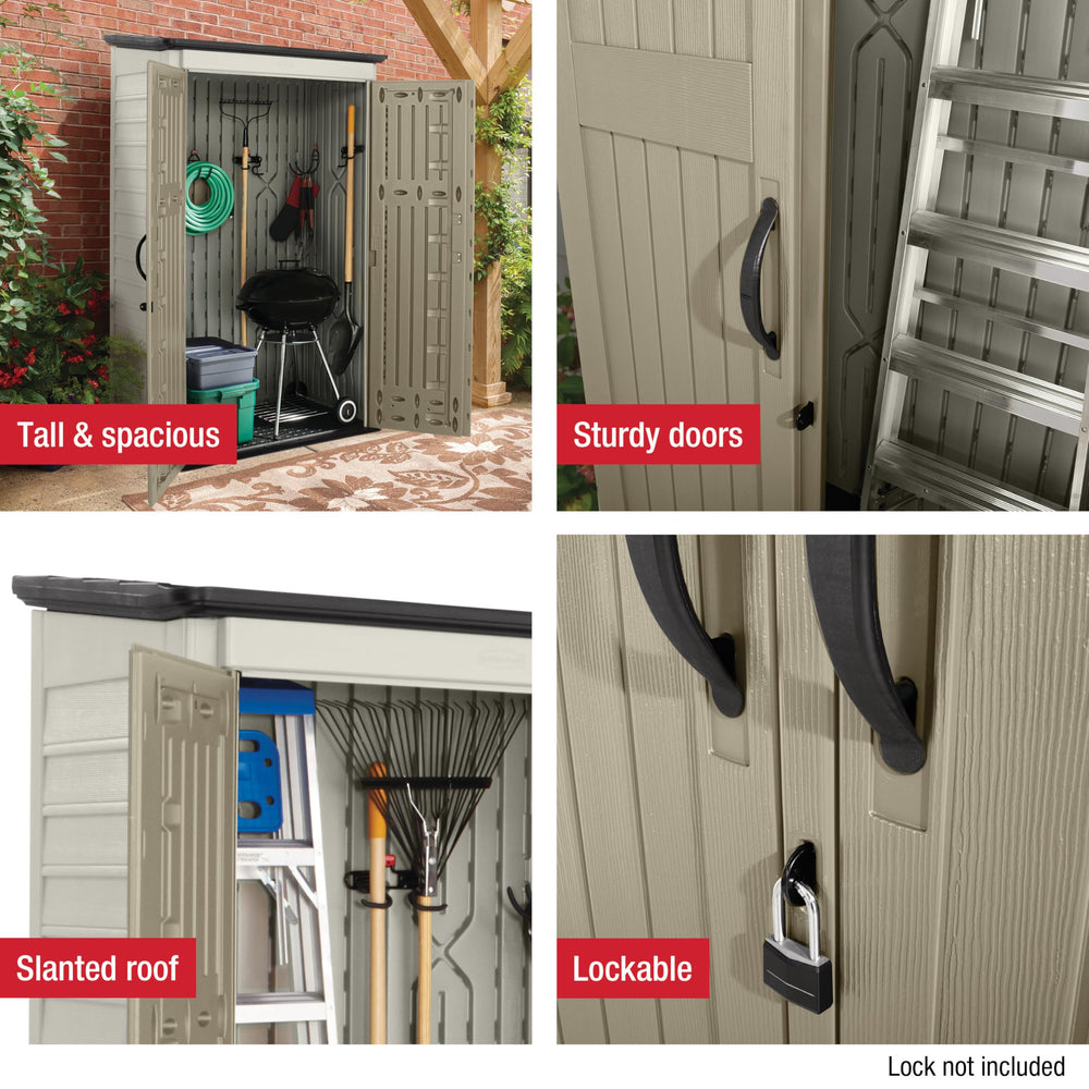 Rubbermaid shed in backyard showing weather-resistant design blending with patio