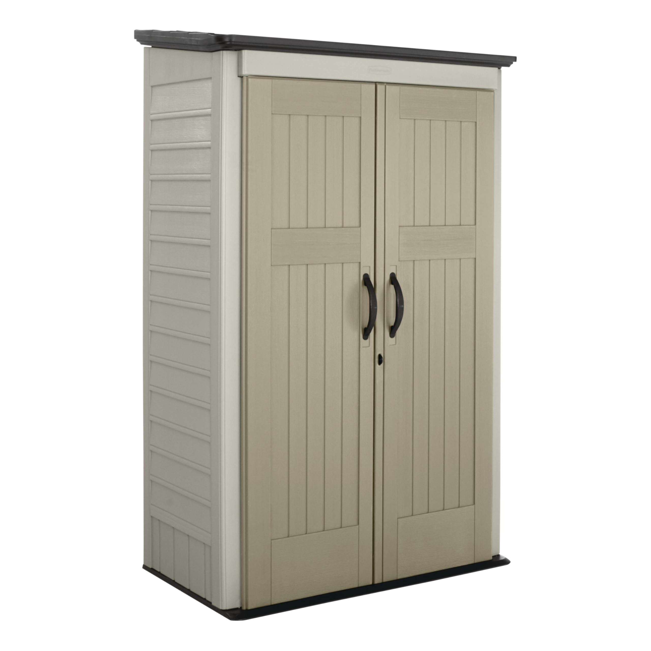 Rubbermaid front view of shed showing compact footprint and organized storage benefit