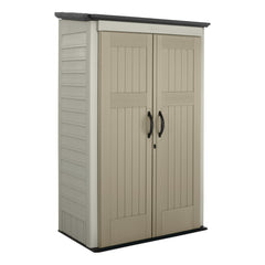 Rubbermaid front view of shed showing compact footprint and organized storage benefit