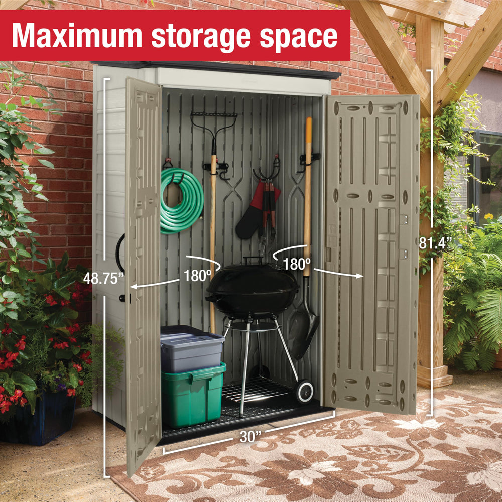 Rubbermaid shed next to garden tools demonstrating space-saving vertical storage