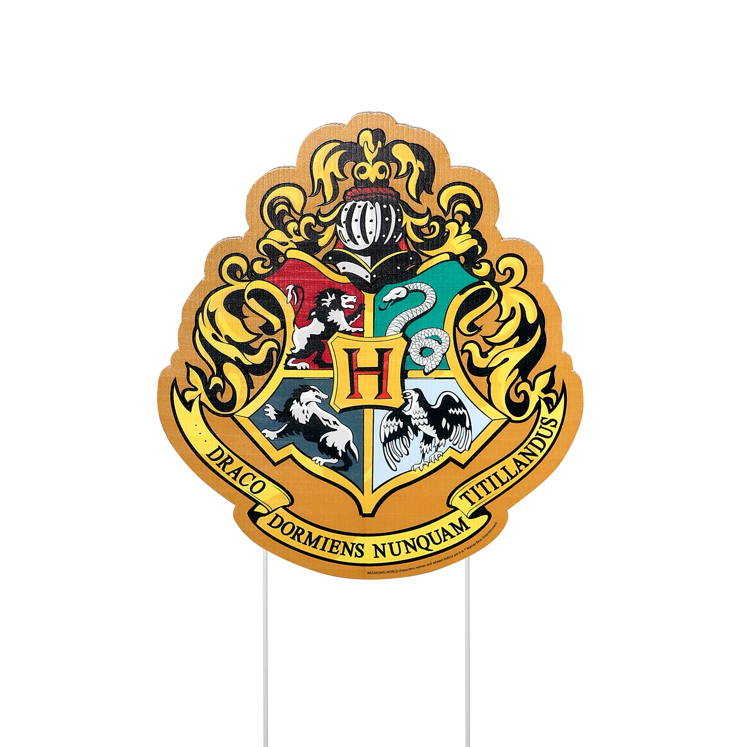 Rubies Hufflepuff crest close-up showing clear emblem and sturdy lawn-stake attachment
