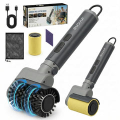 RUDAP electric grill brush front view showing cordless design and splash guard benefit