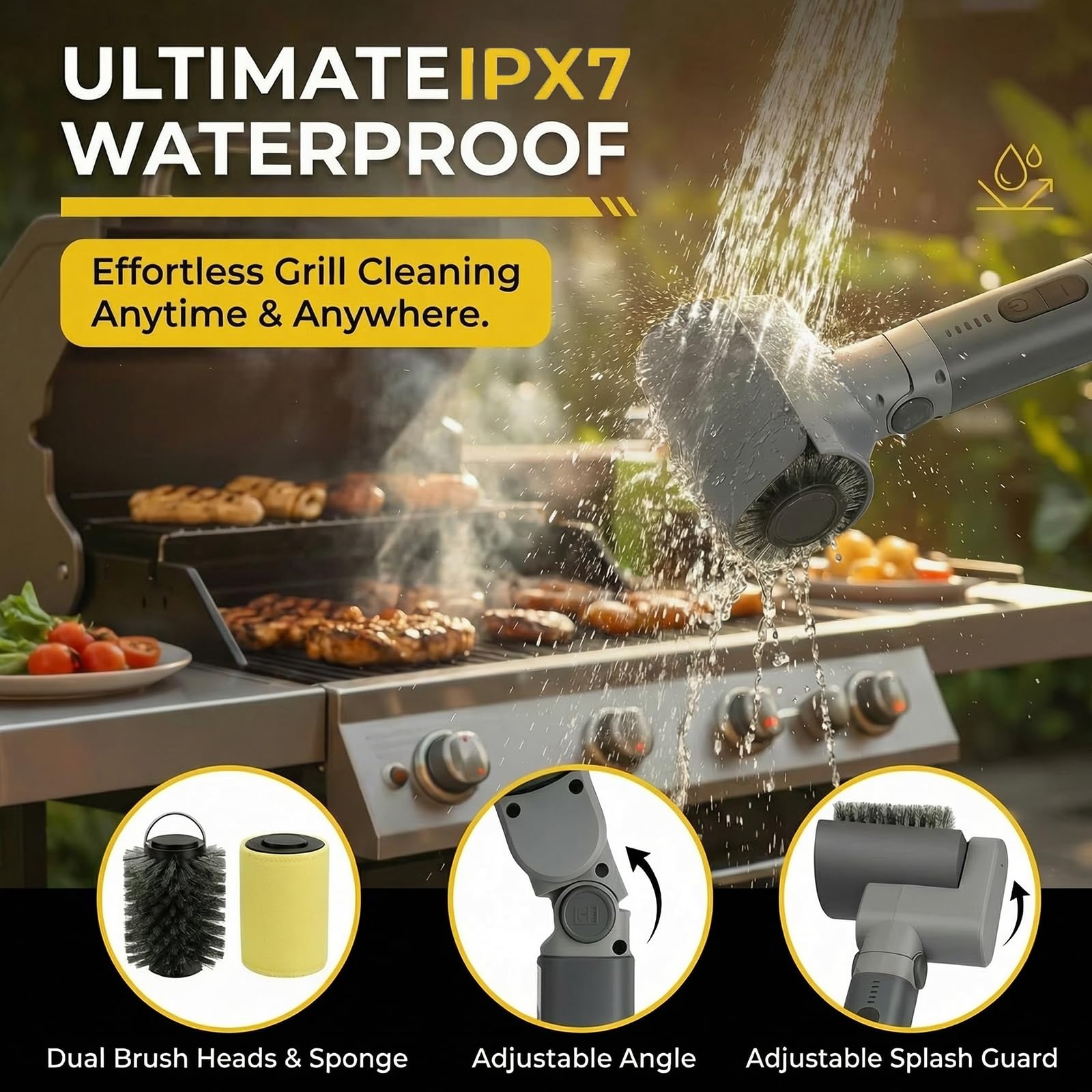 RUDAP brush being rinsed under tap demonstrating IPX7 waterproof convenience