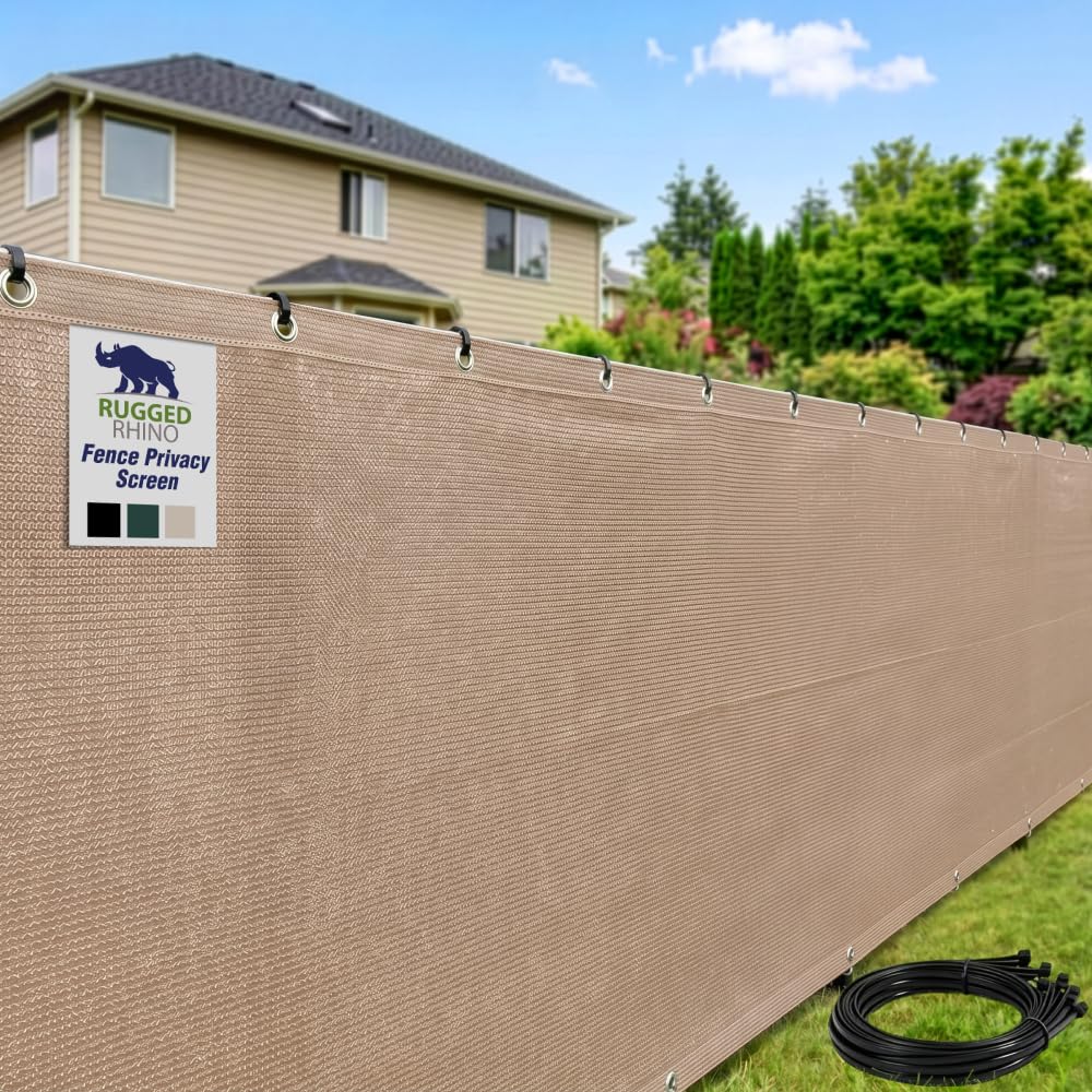 RUGGED RHINO front view of beige 4x50 ft privacy screen showing coverage benefit