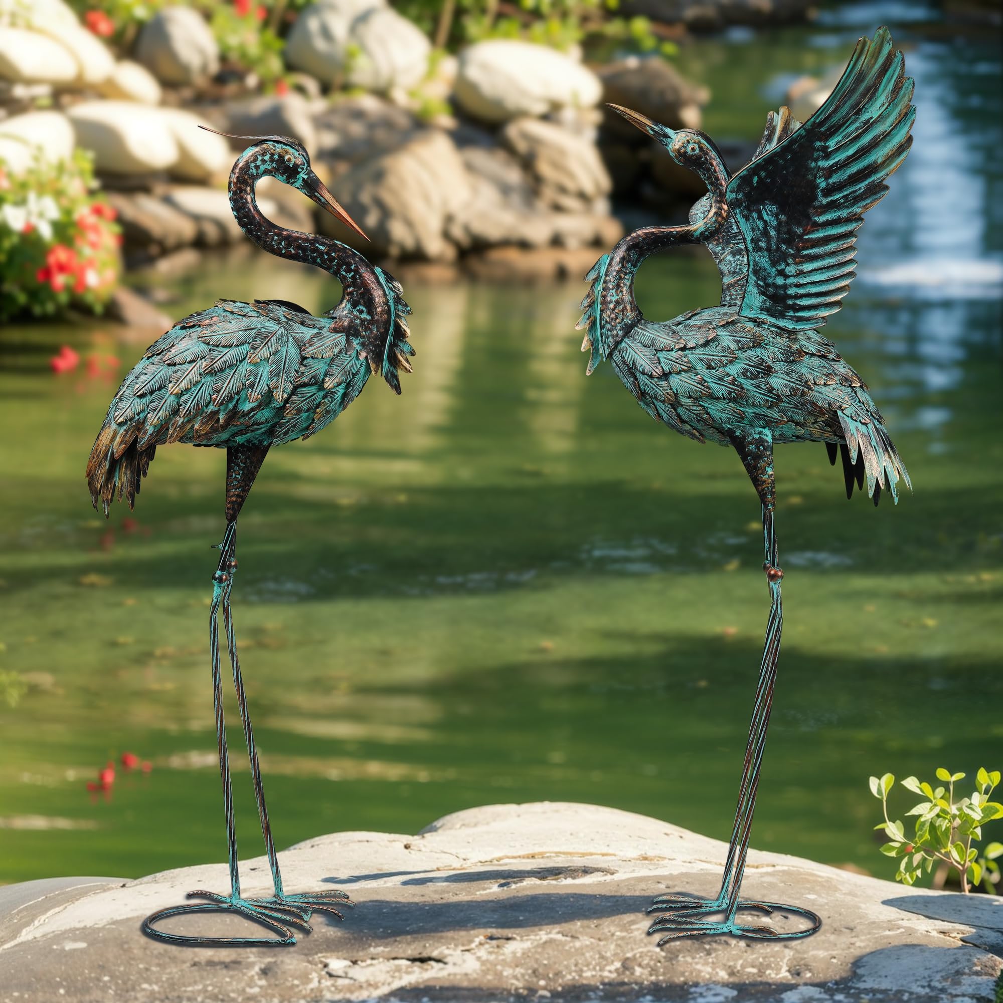 Ruifabo bronze crane statues front view showing elegant silhouette and garden enhancement