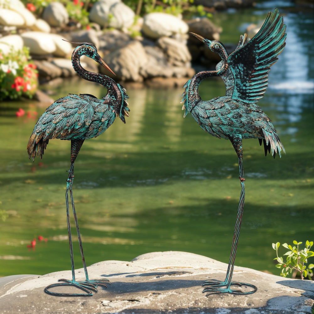 Ruifabo bronze crane statues front view showing elegant silhouette and garden enhancement