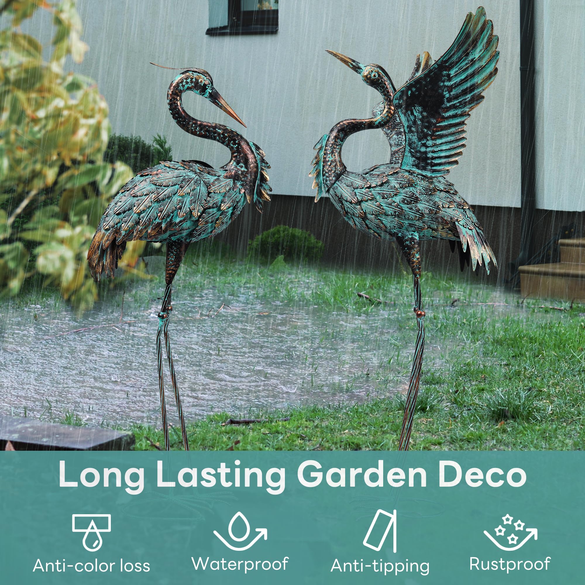 Ruifabo cranes installed by a pond creating tranquil focal point and landscape charm