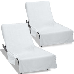 Ruikyhom front view of two white lounge chair covers, shows full size and fit