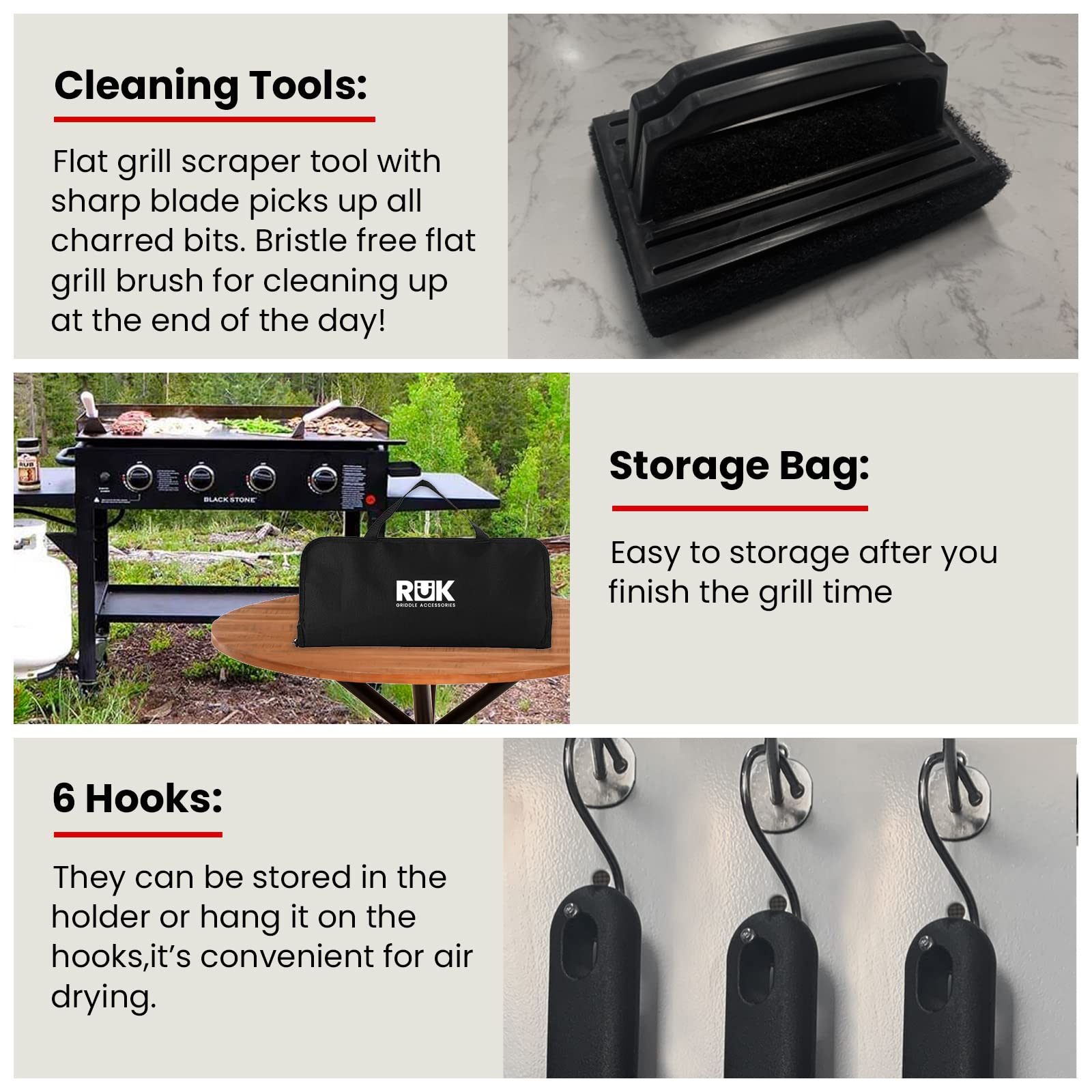 RüK full accessory set laid out on a Blackstone griddle for organized cooking