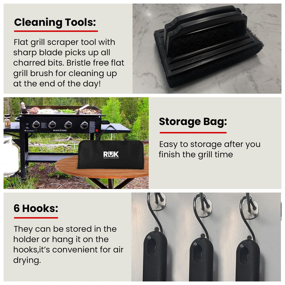 RüK full accessory set laid out on a Blackstone griddle for organized cooking