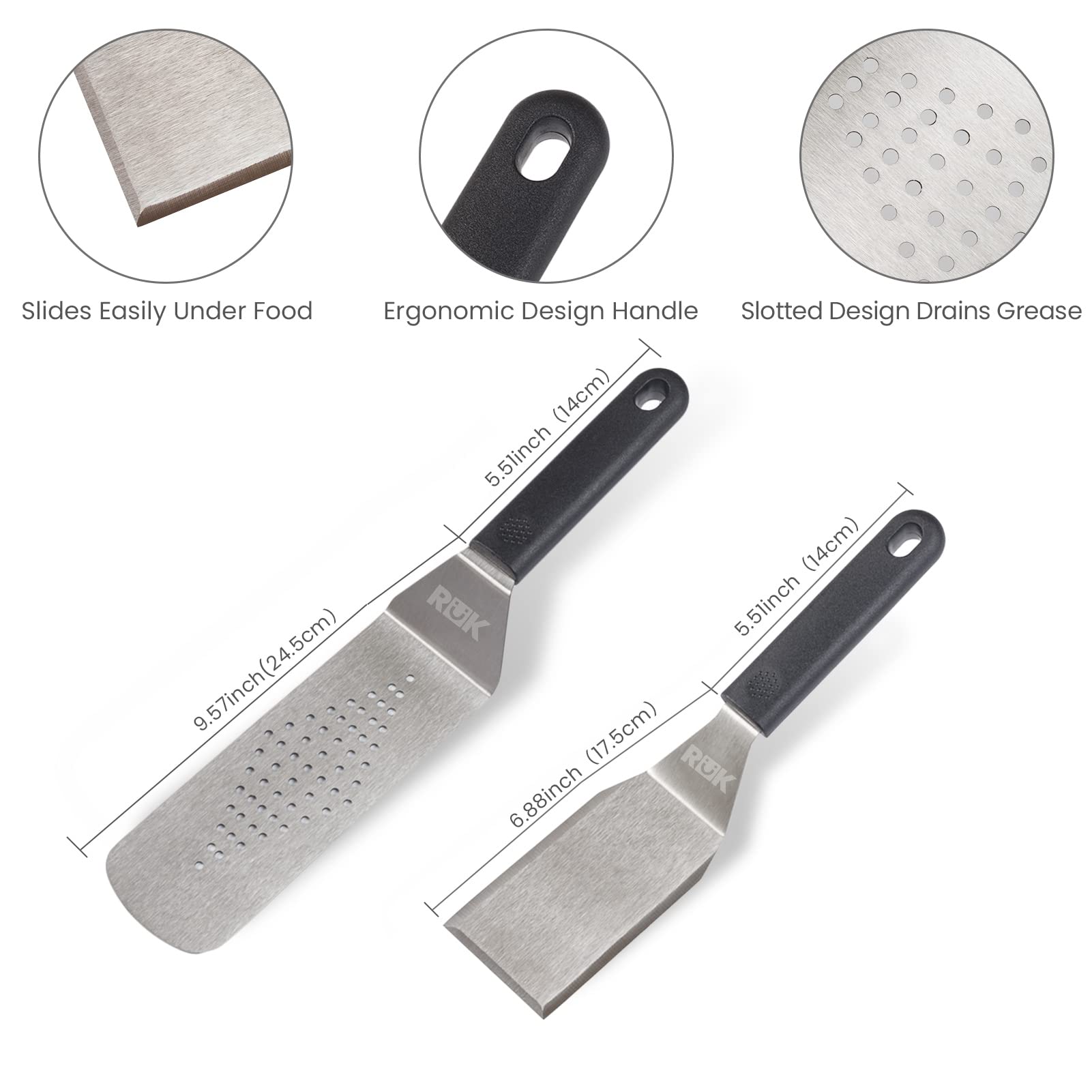 RüK three-sided griddle scraper detail for efficient chopping and scraping
